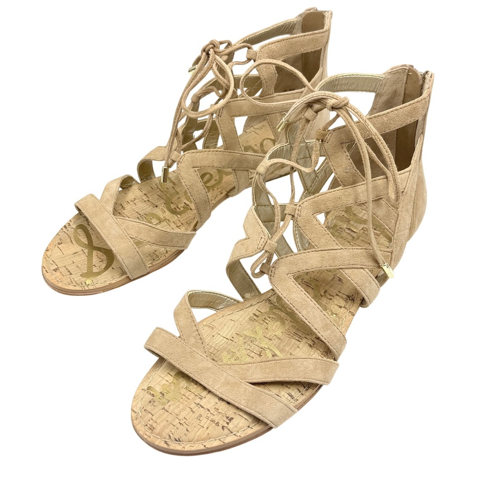 Sam Edelman Dawson Sandals 9 Tan Suede Lace Up Gladiator Cork Wedge Boho